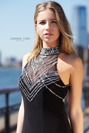 Woman in Joanna Chen prom dress.