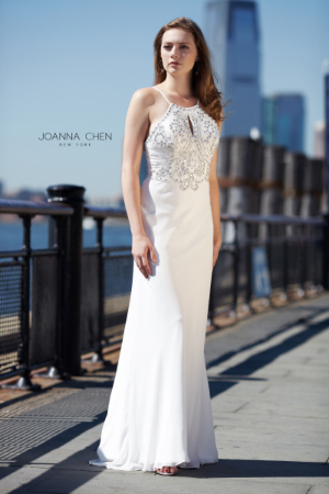 Woman in Joanna Chen prom dress.