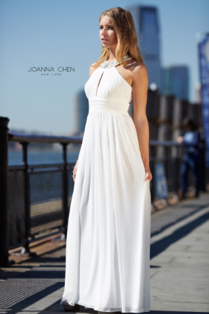 Woman in Joanna Chen prom dress.