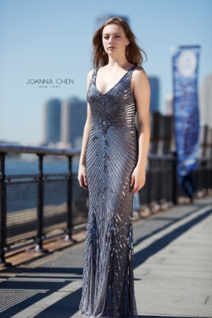 Woman in Joanna Chen prom dress.