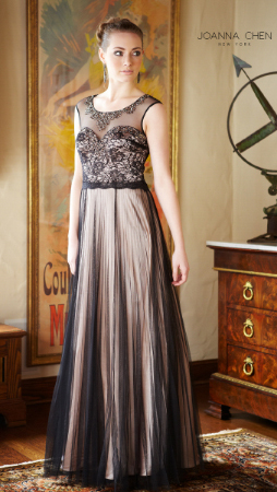 Woman in Joanna Chen prom dress.