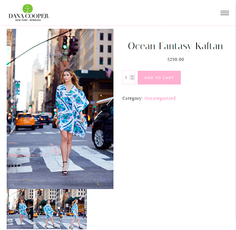 Website Screen shot of Dana Cooper website of Woman Walking in Kaftan in Manhattan street